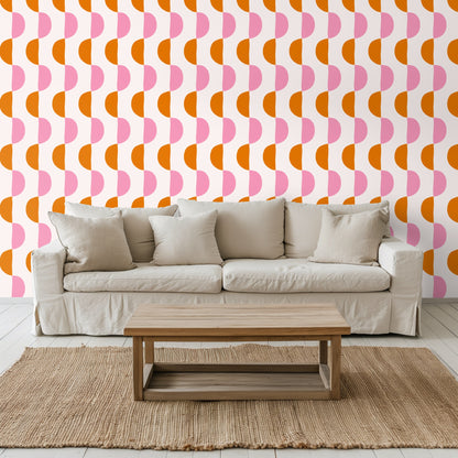 Close-up of the Semicircle Serenade repeat showing blush pink and terracotta half‑moons on a cream background.