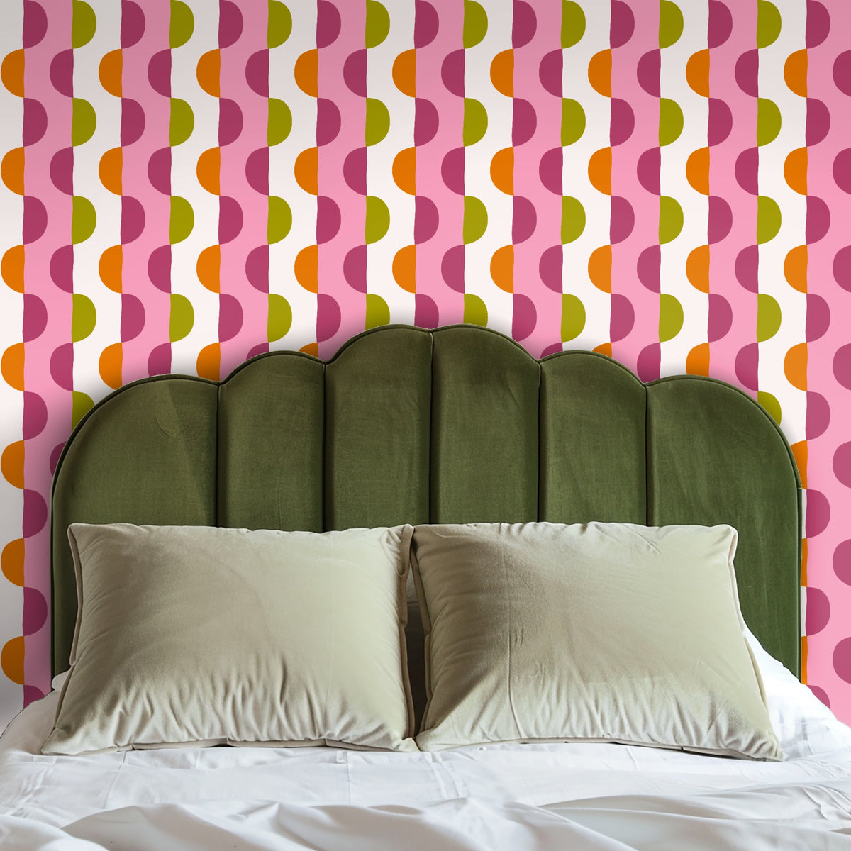 Flat sample of the Blossom Arc Stripe pattern showing vertical blush stripes with repeating berry, orange and olive semicircles on a cream‑t