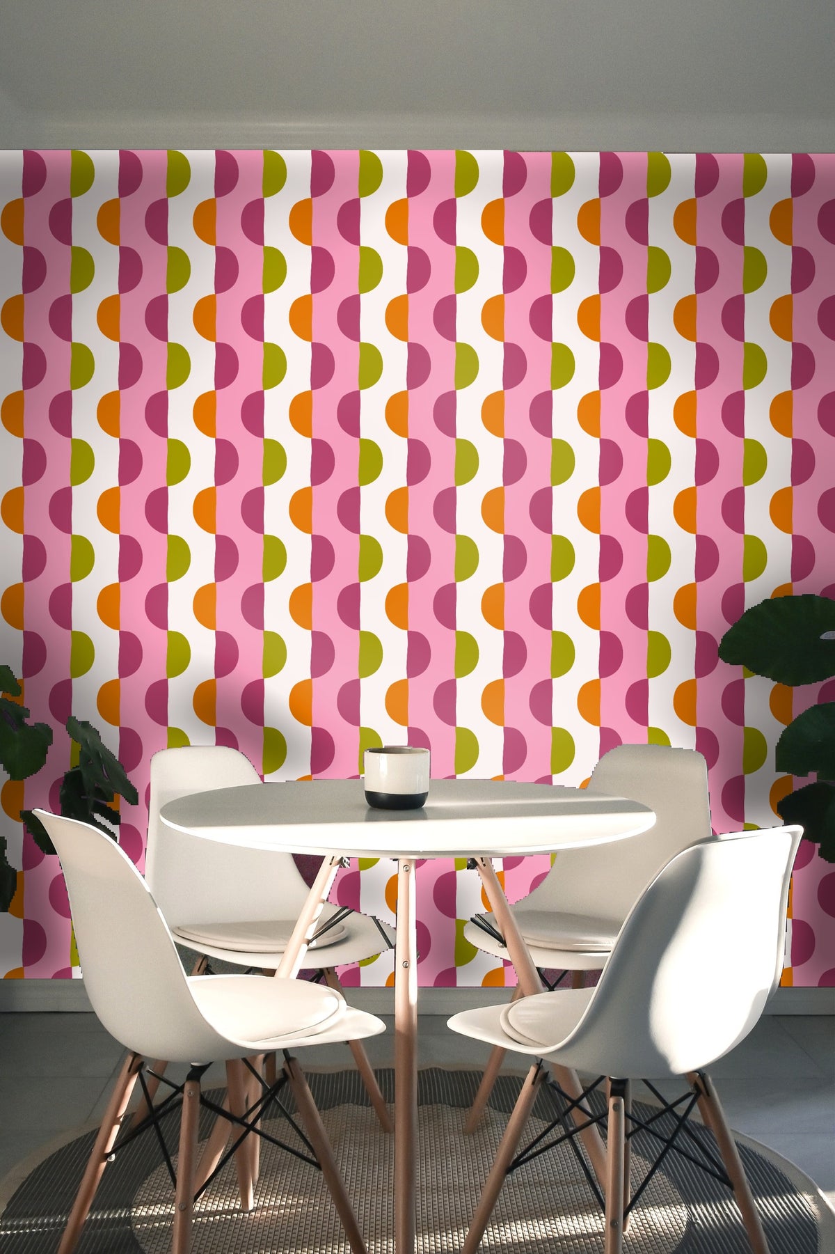 Close crop of the pattern behind a marble side table and leather chair, emphasizing color accents and geometric rhythm