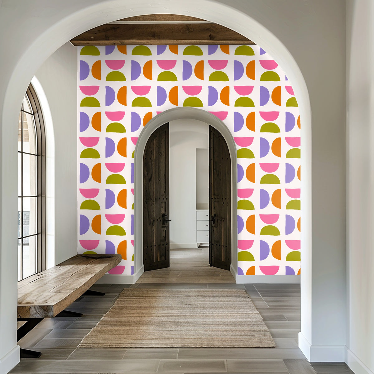 Tight crop of the pattern emphasizing hand-drawn edges and the grid-like arrangement of half-moons and quarter-circles.