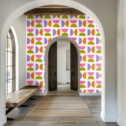 Tight crop of the pattern emphasizing hand-drawn edges and the grid-like arrangement of half-moons and quarter-circles.