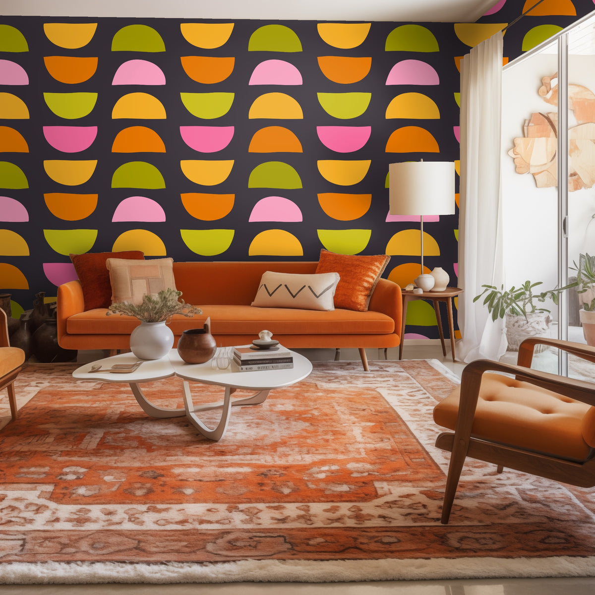 Close-up of the Half‑Moon Chorus repeat pattern: hand-drawn semicircles in pink, orange, yellow and olive on a charcoal background.