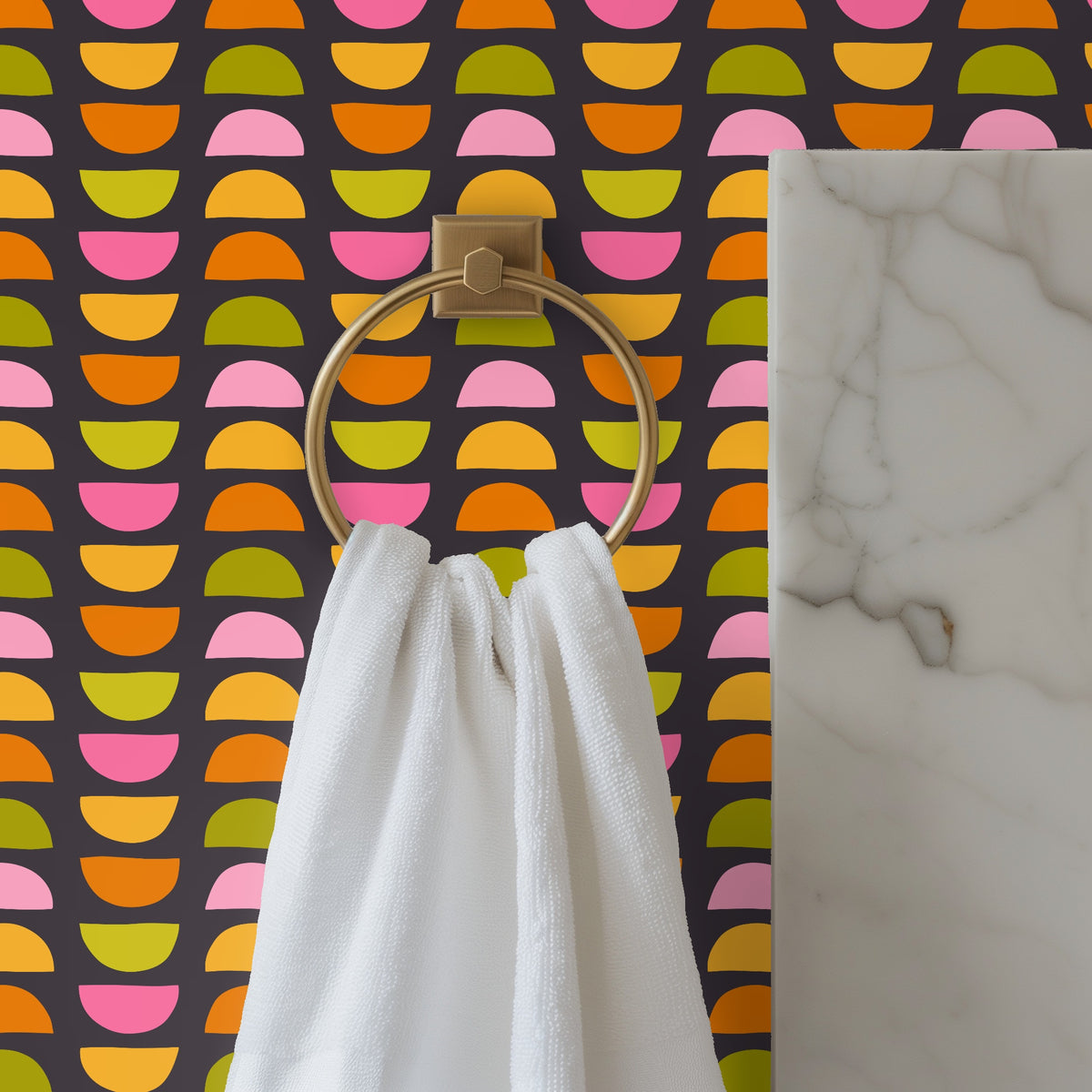 Full-wall view of the repeat pattern scaled for a large living space, showing the rhythm of alternating semicircles.