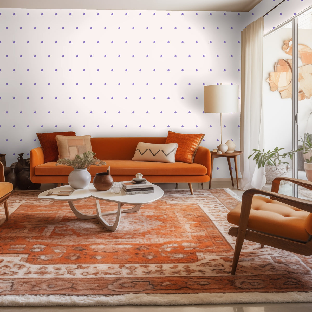 Full-wall view highlighting delicate lavender dots across a pale blush wall in a living space