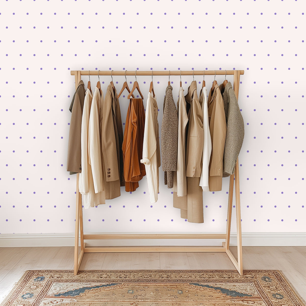 Round mirror hung above a wooden dresser with the lilac dot wallpaper as backdrop