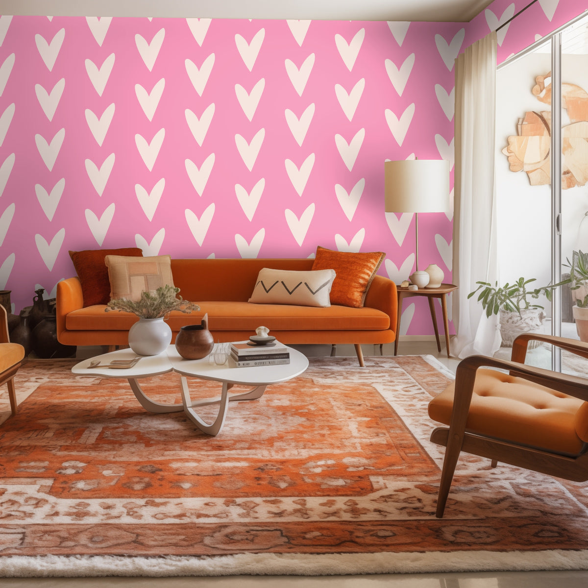 Living room styled shot with the heart wallpaper as an accent wall behind an orange sofa and layered rugs.