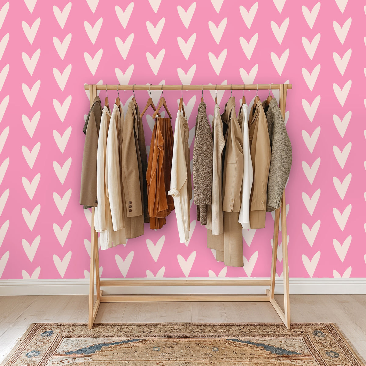 Full-wall installation in a cozy seating area to show overall scale and repeat across a standard wall.