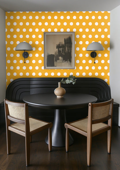 Full artwork view: evenly spaced white polka dots on a warm marigold background.