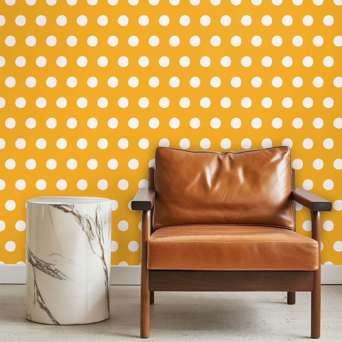 Seated vignette showing the wallpaper behind a leather chair and a marble side table to indicate scale.