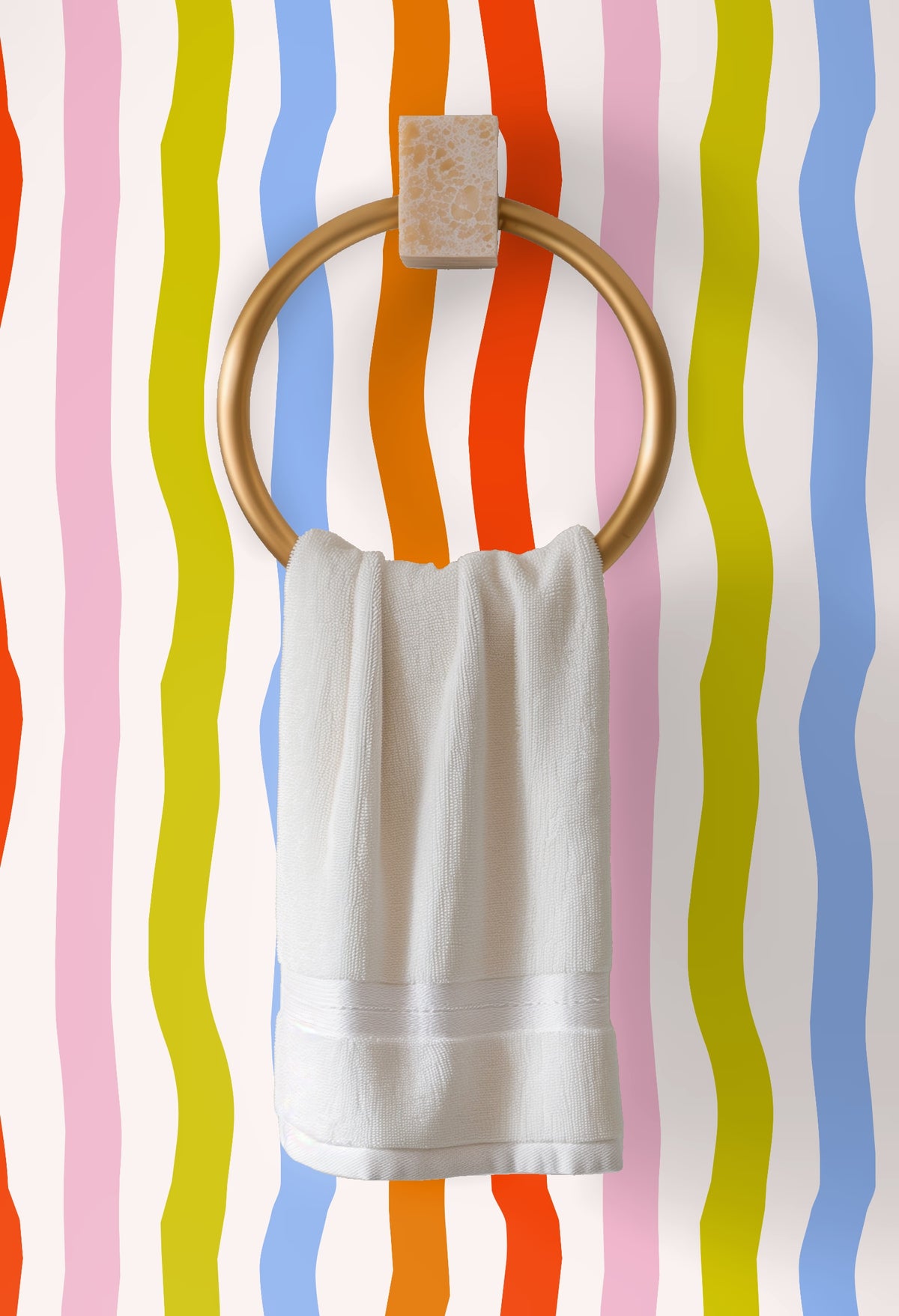 Detailed wall shot of the ribbon stripes illustrating the hand-drawn irregular edges and the pale cream background