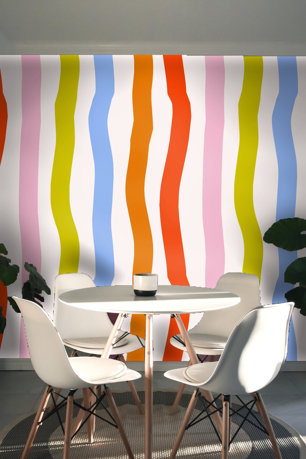 Leaning full-length mirror reflecting the wavy stripe pattern and showing how the design reads at eye level