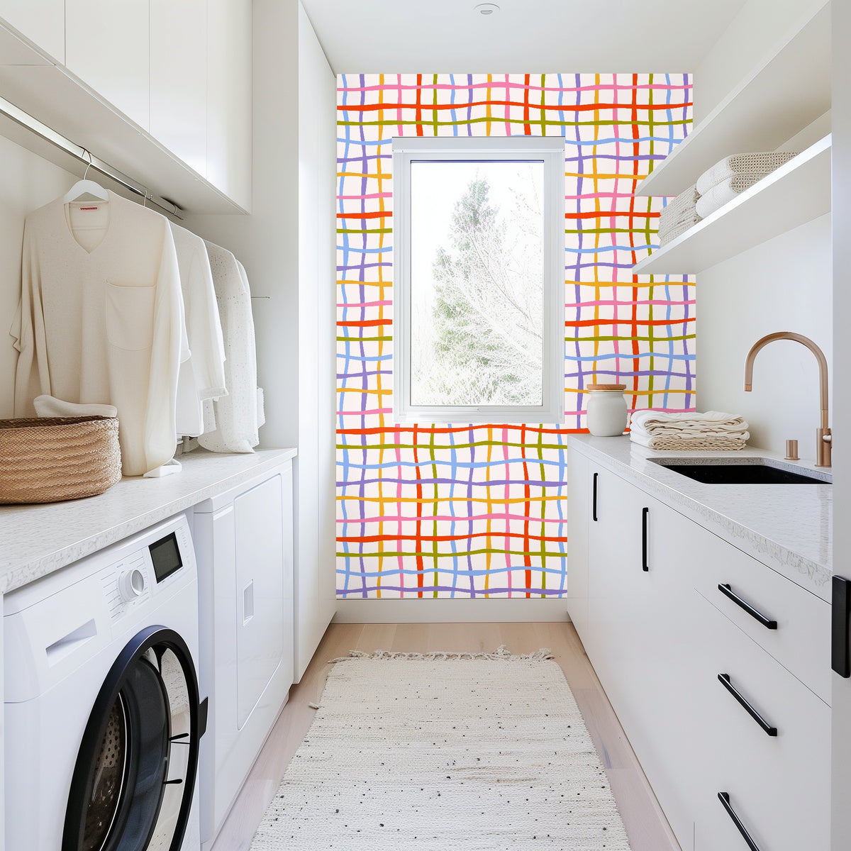 Nursery mockup with crib positioned in front of Ribbon Lattice wallpaper to show playful pattern scale for a child's room
