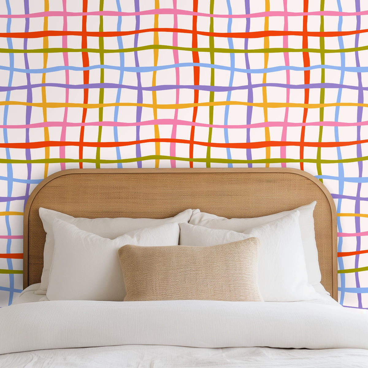 Full-pattern view of Ribbon Lattice showing wavy hand-drawn grid in coral, pink, gold, olive, periwinkle and lavender on a soft cream ground