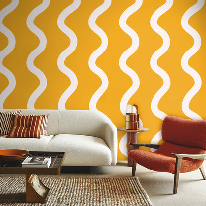 Close-up of the Saffron Sway pattern showing large cream wavy stripes on a golden saffron background