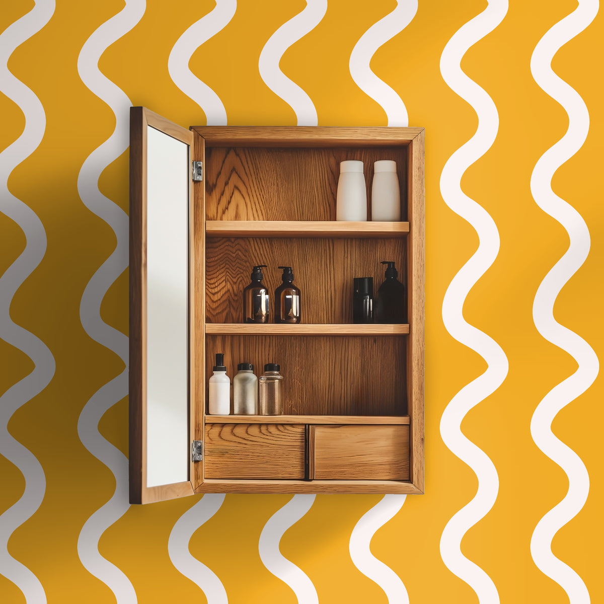 Bathroom medicine cabinet mounted on a wall covered in saffron wallpaper with vertical cream wave stripes