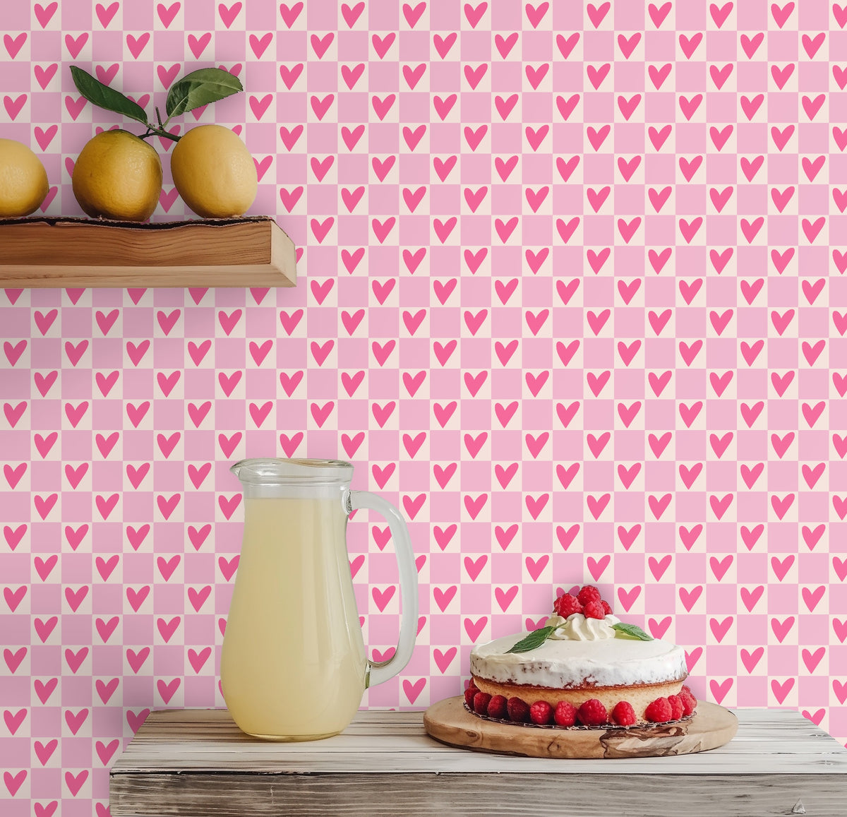 Close-up of Petal Heart Grid showing bright pink hand-drawn hearts on alternating blush and pale cream squares