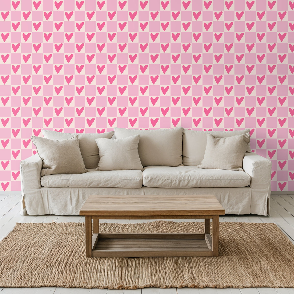 Clothing rack staged in front of the Petal Heart Grid pattern showing the wallpaper as a dressing area backdrop