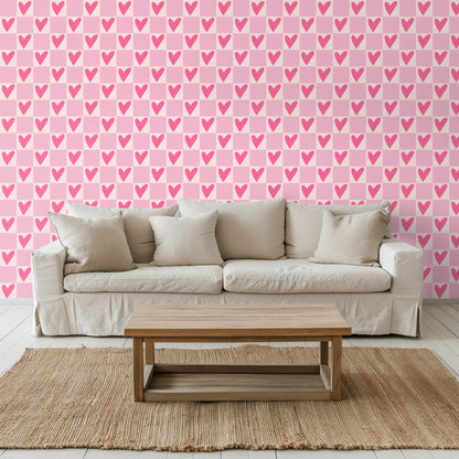 Clothing rack staged in front of the Petal Heart Grid pattern showing the wallpaper as a dressing area backdrop