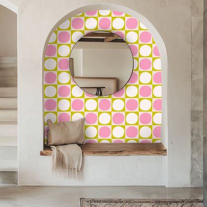 Children’s room with crib and twin bed against Rosette Grid, colors brightening the nursery palette.