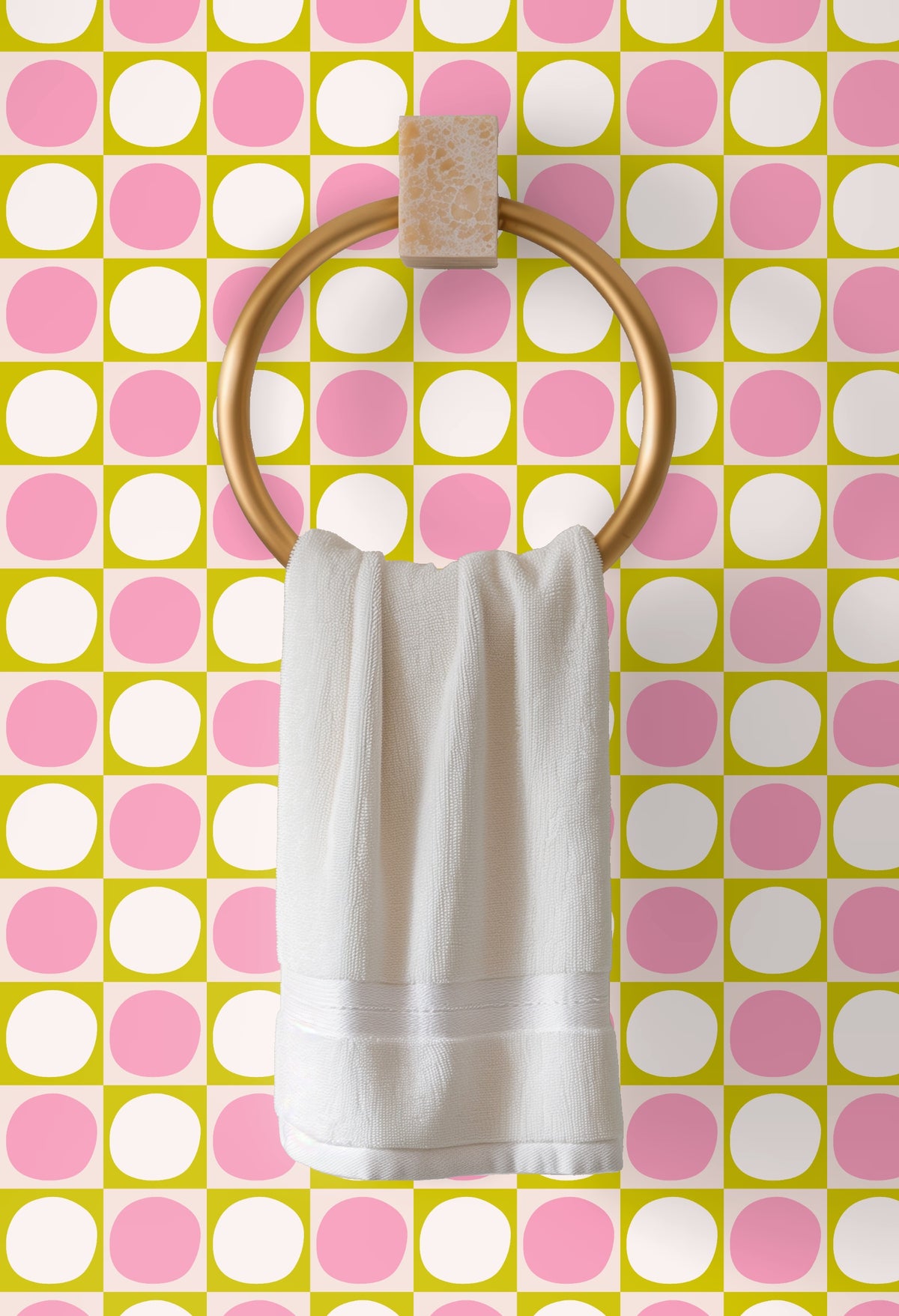 Utility room vignette showing the pattern around a sink and countertop, adding playful color to a compact space.