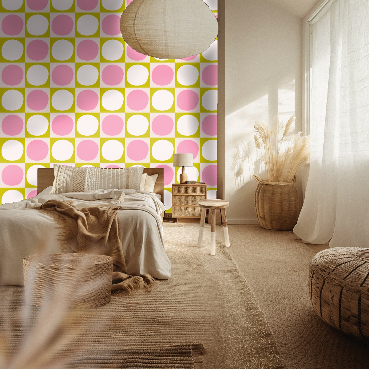 Full-wall mockup showing a dense repeat of pink and cream circles across a soft blush field for scale reference.