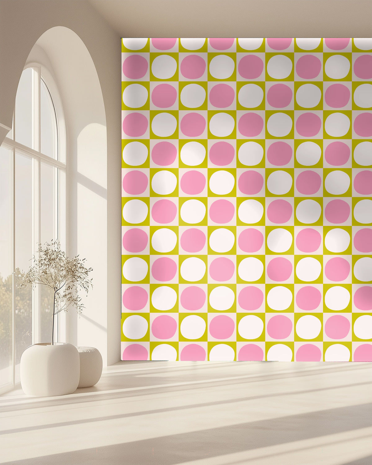 Close-up of Rosette Grid pattern showing alternating bubblegum pink and warm cream organic circles set in chartreuse squares.