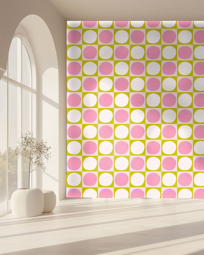 Close-up of Rosette Grid pattern showing alternating bubblegum pink and warm cream organic circles set in chartreuse squares.
