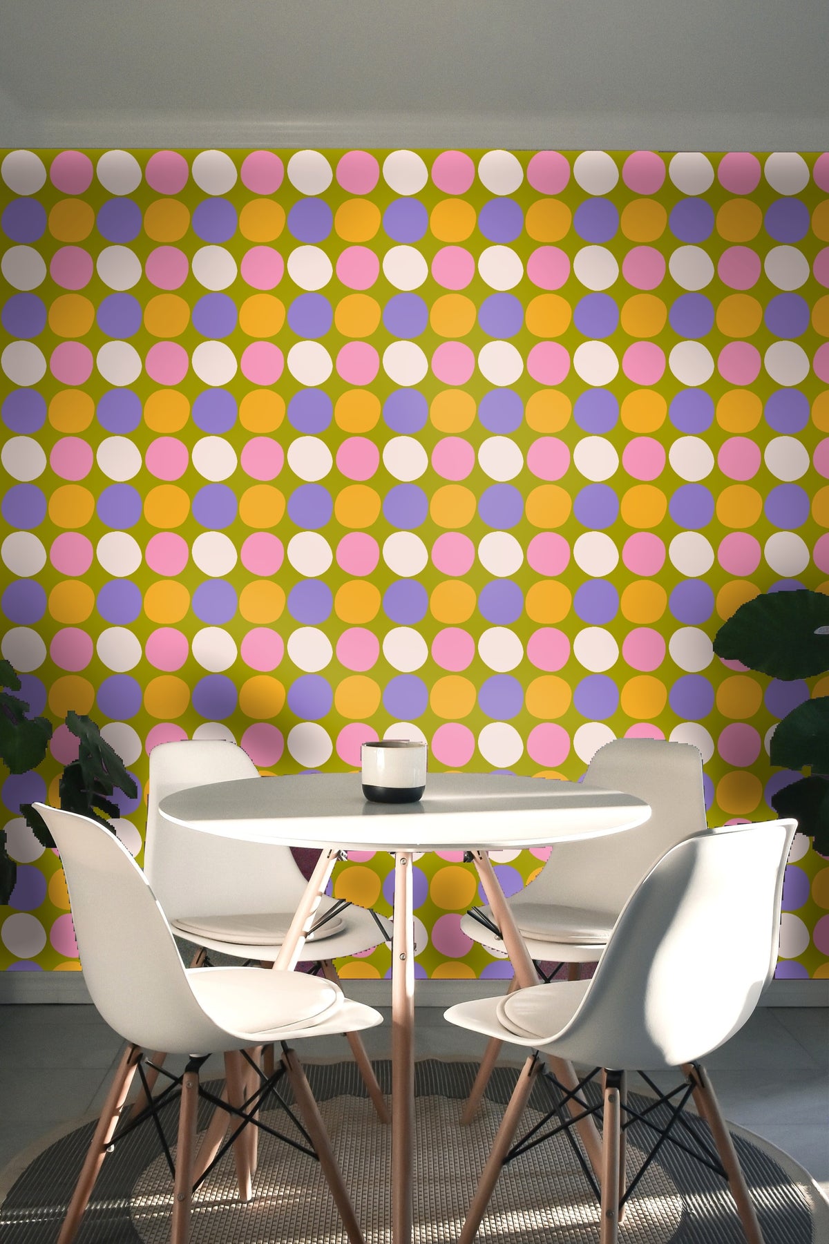 Detail view of the slightly irregular, hand-drawn edges of the dots and how the colors sit together