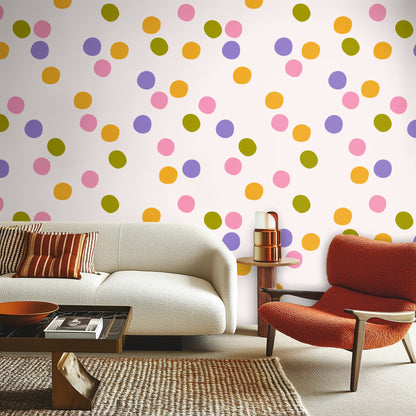 Close crop of wallpaper pattern shown above a wooden shelf with two red bowls, emphasizing scale and spacing
