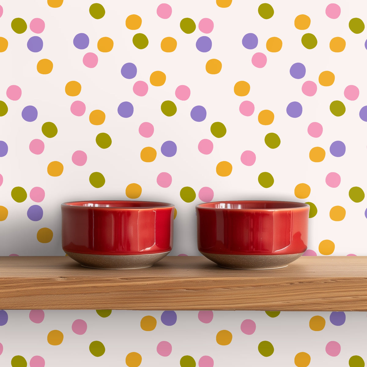Detail view of wallpaper behind a wooden shelf and window above a sink, showing the pattern scale