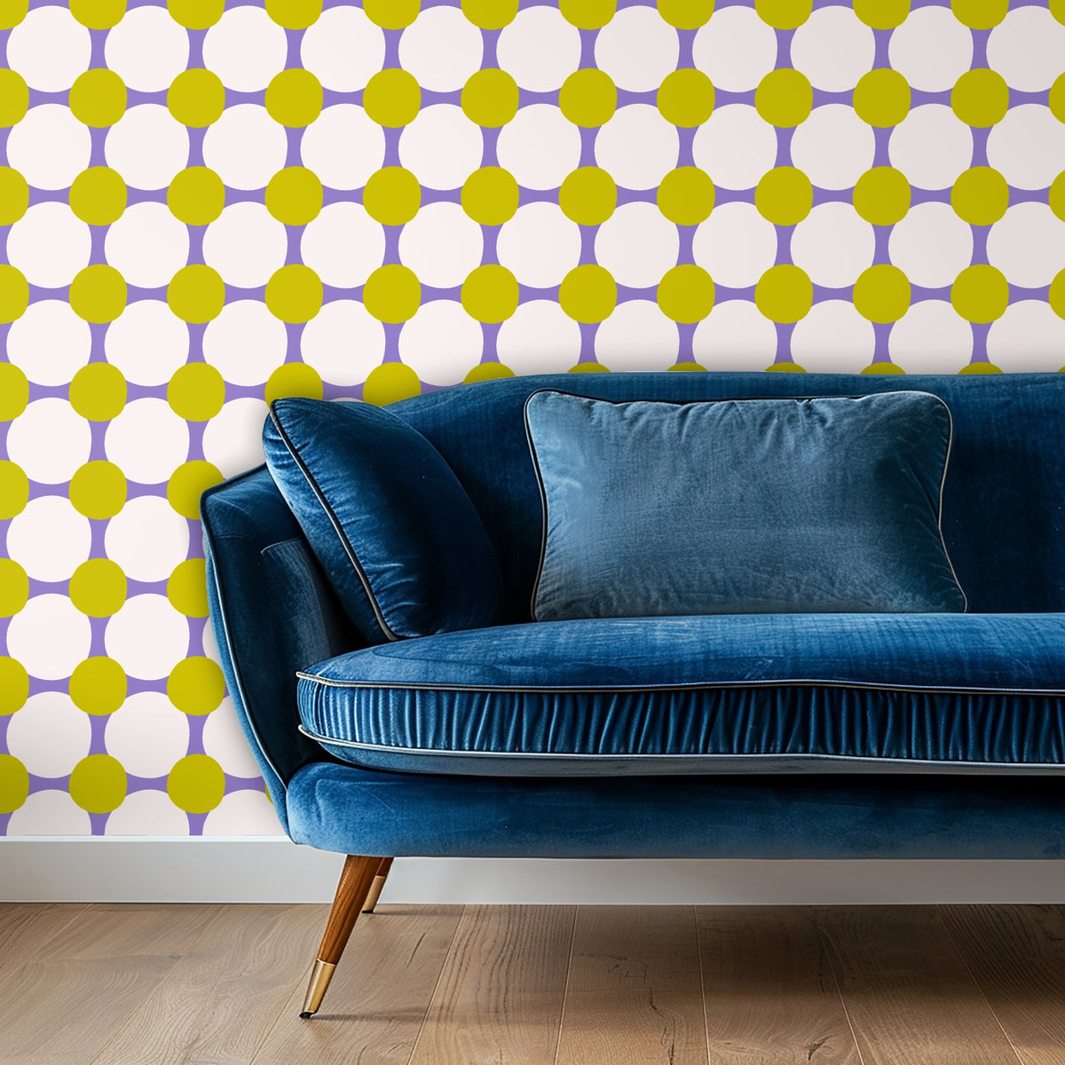 Pattern detail at headboard scale illustrating the mid-scale repeat of blush fields and chartreuse nodes