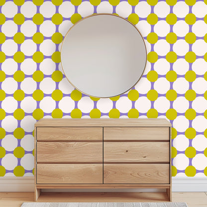 Dressing area with a clothing rack staged against the pattern to show scale and playful rhythm
