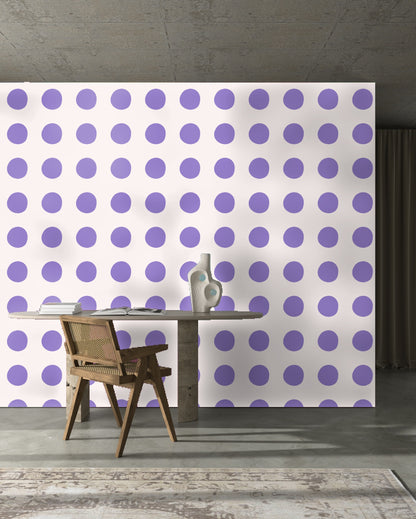 Close detail showing the organic, hand-drawn edges of the lilac dots on blush