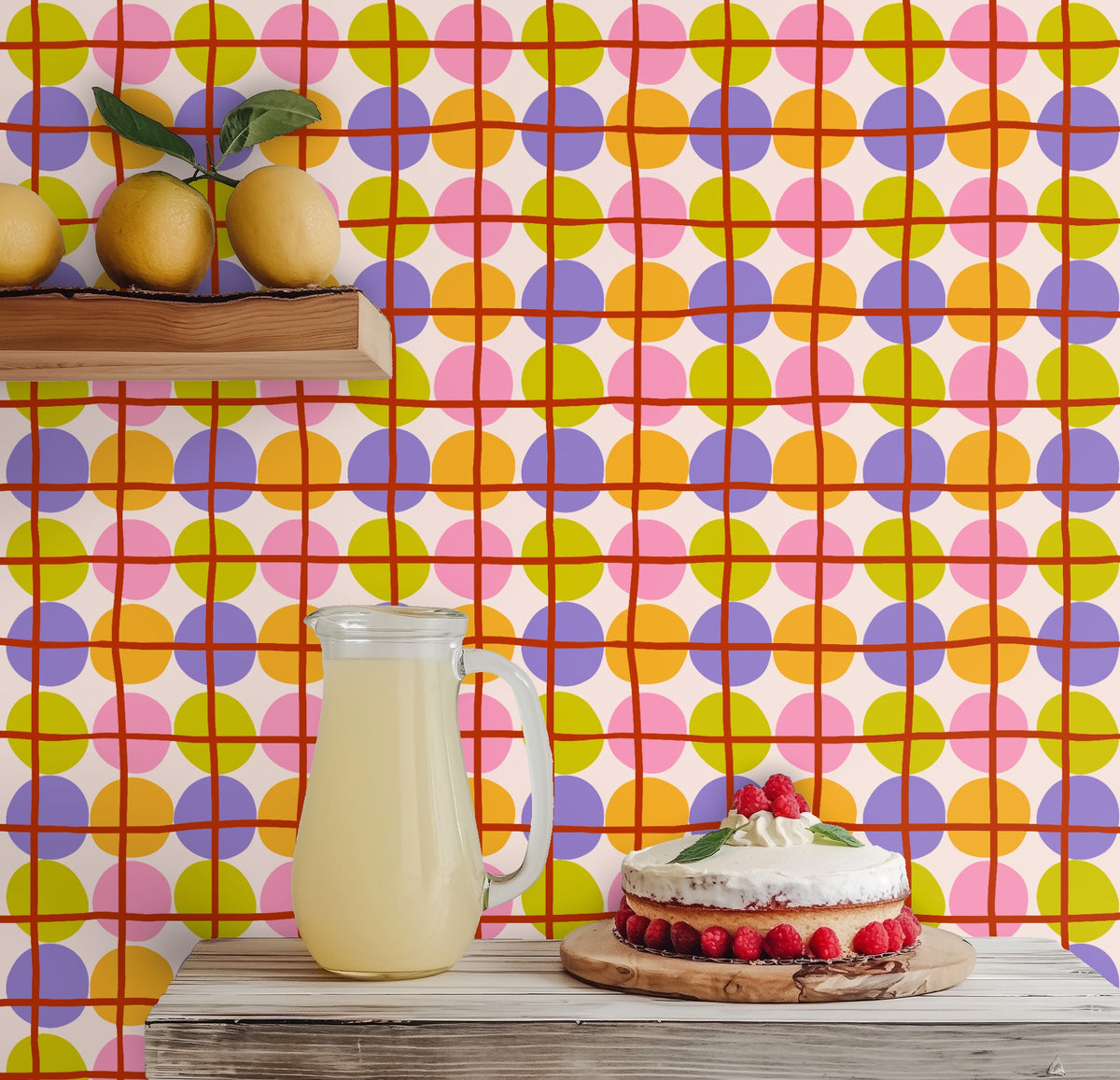 Playroom lined with Orbit Lattice wallpaper that brings bright, playful color and rhythm to a child's space.