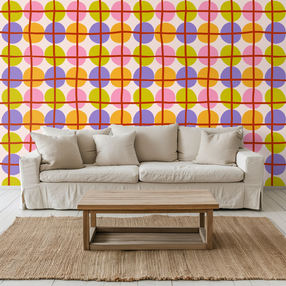 Close-up of the Orbit Lattice pattern showing ovoid circles in pink, chartreuse, lilac and orange with a hand-drawn rust-red grid on a pale-