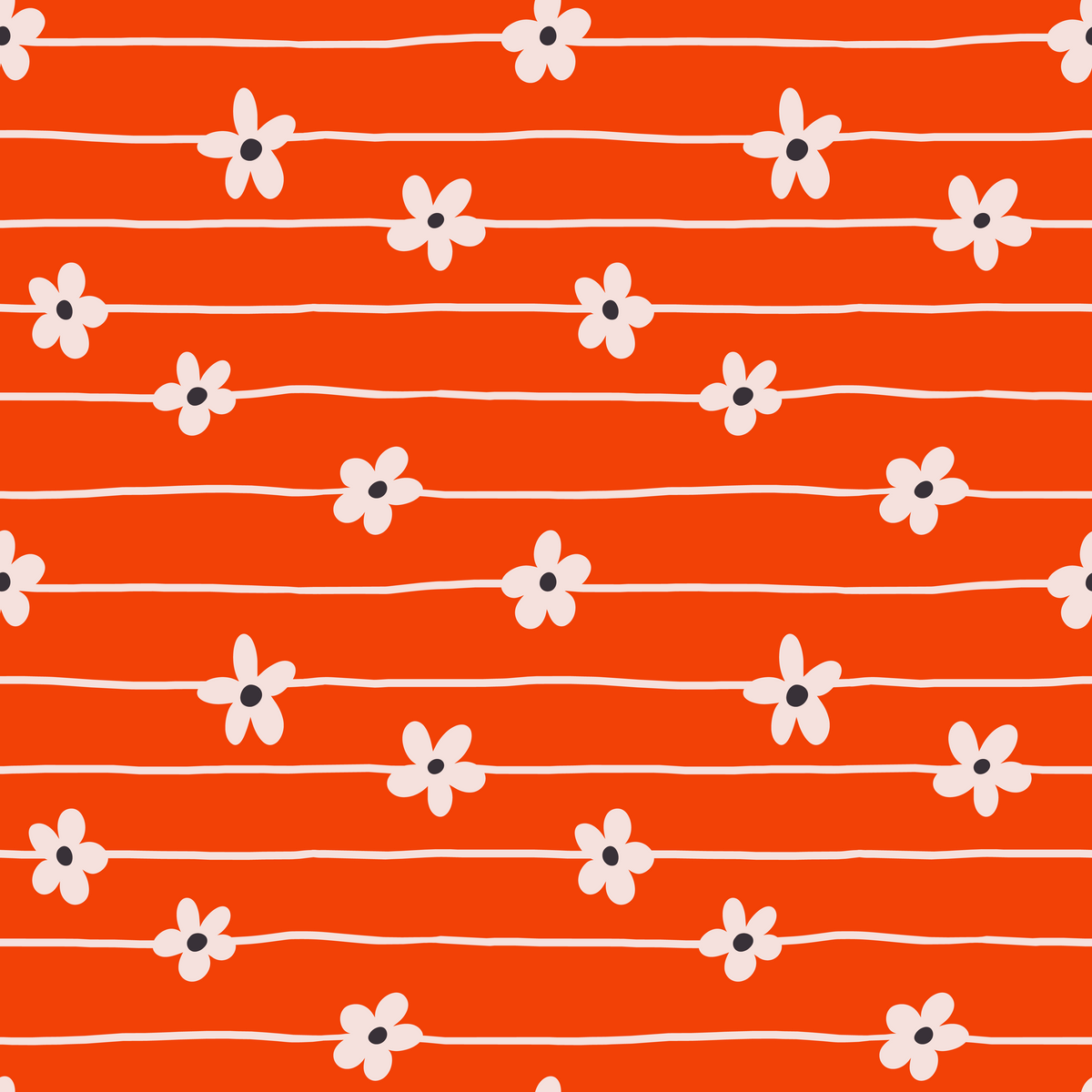 Detail shot: irregular hand-drawn stripes and five-petal flowers with pale petals and dark centers on vivid clementine background.