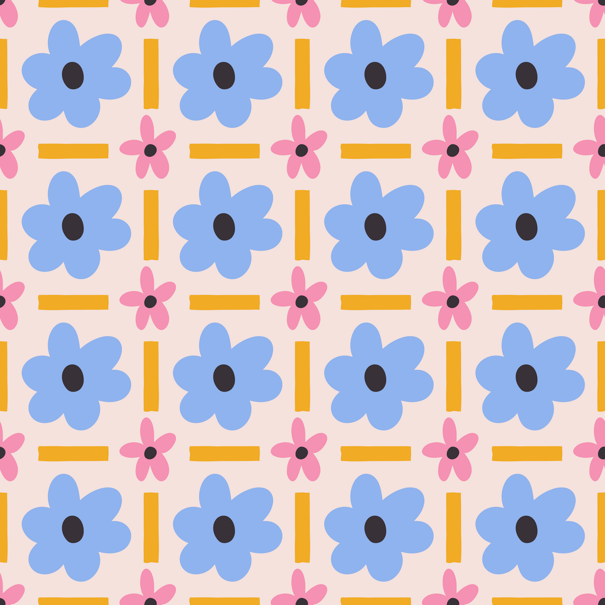 Textile-scale crop showing the repeat rhythm and color pairing: periwinkle, bubblegum pink, golden mustard and soft peach.