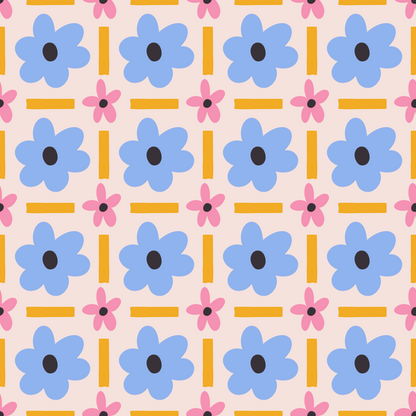 Textile-scale crop showing the repeat rhythm and color pairing: periwinkle, bubblegum pink, golden mustard and soft peach.