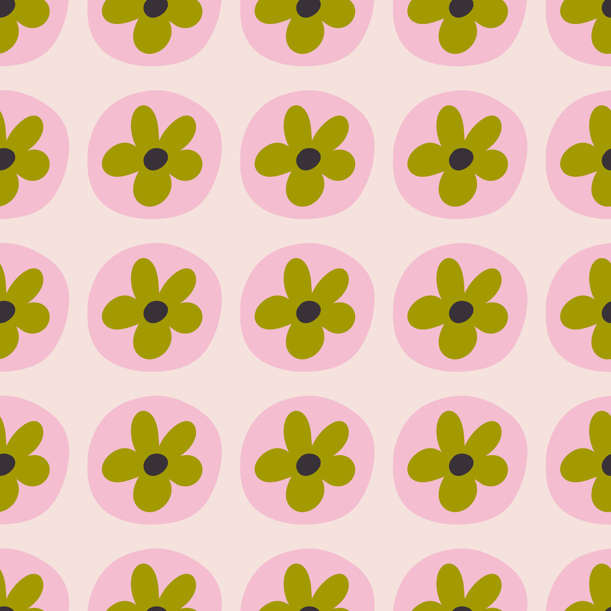 Flat view of the Petal Orbit repeat: rows of olive flowers inside pink circles across a warm blush field.