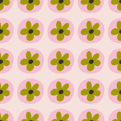 Flat view of the Petal Orbit repeat: rows of olive flowers inside pink circles across a warm blush field.
