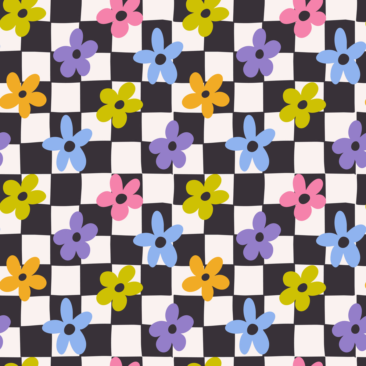 Full-pattern swatch crop of Petal Check artwork highlighting hand-drawn check squares and scattered five-petal blooms