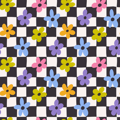 Full-pattern swatch crop of Petal Check artwork highlighting hand-drawn check squares and scattered five-petal blooms