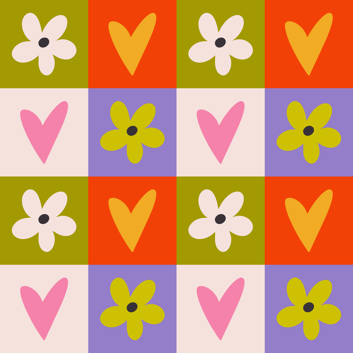 Close-up repeat showing hand-drawn heart shapes and simple five-petal flower motifs with charcoal centers