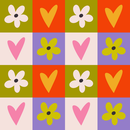 Close-up repeat showing hand-drawn heart shapes and simple five-petal flower motifs with charcoal centers