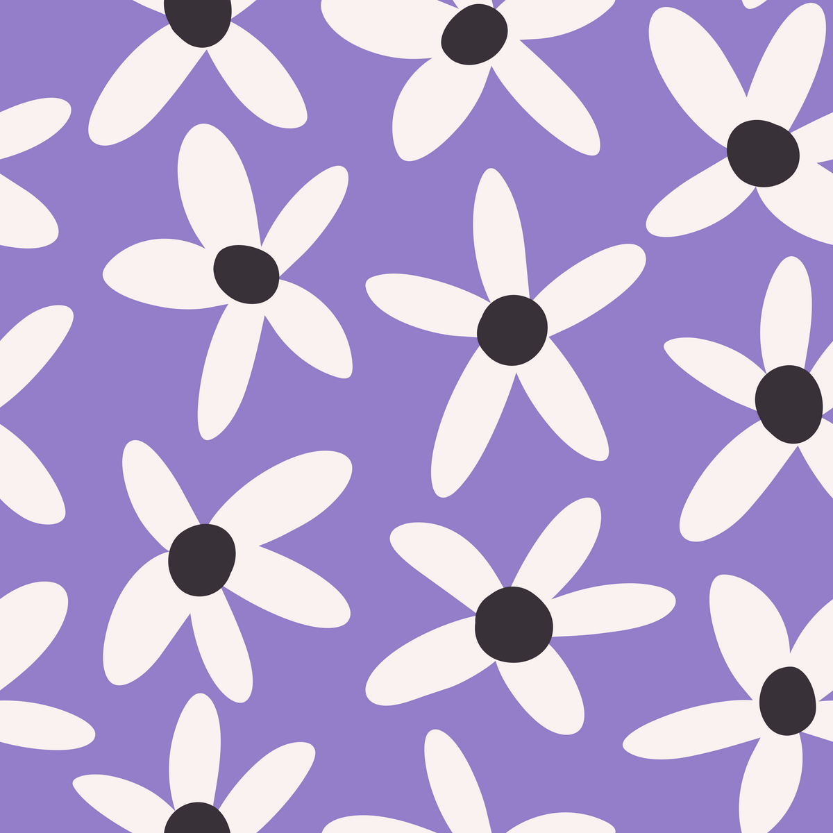 Tight detail of charcoal flower center and surrounding cream petals on a lilac field