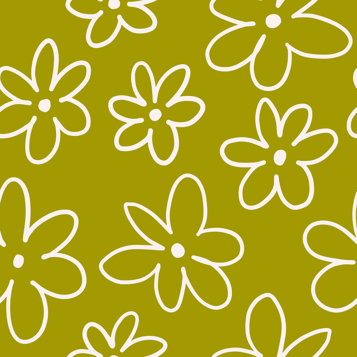 Full-pattern repeat showing generous spacing of cream doodle flowers on chartreuse