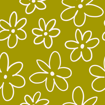 Full-pattern repeat showing generous spacing of cream doodle flowers on chartreuse