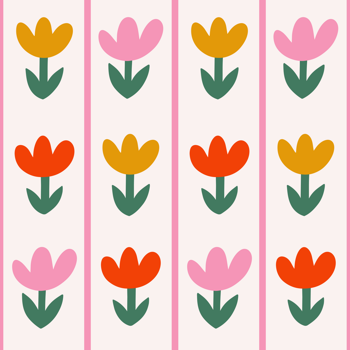 Styled flatlay of Tulip Parade wallpaper behind small accessories, emphasizing its graphic, modern-folk look