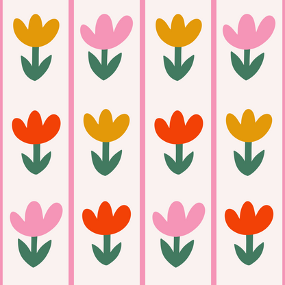Styled flatlay of Tulip Parade wallpaper behind small accessories, emphasizing its graphic, modern-folk look
