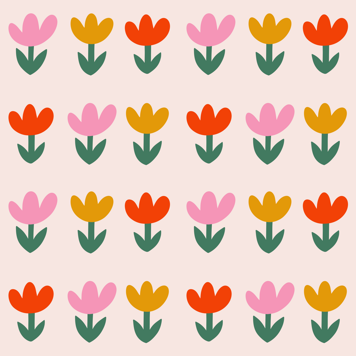 Symmetrical repeat shot: Rows of pink, mustard and coral tulips forming a graphic border across the wall